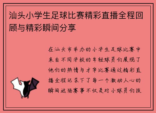 汕头小学生足球比赛精彩直播全程回顾与精彩瞬间分享