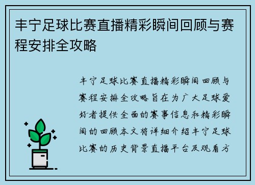 丰宁足球比赛直播精彩瞬间回顾与赛程安排全攻略